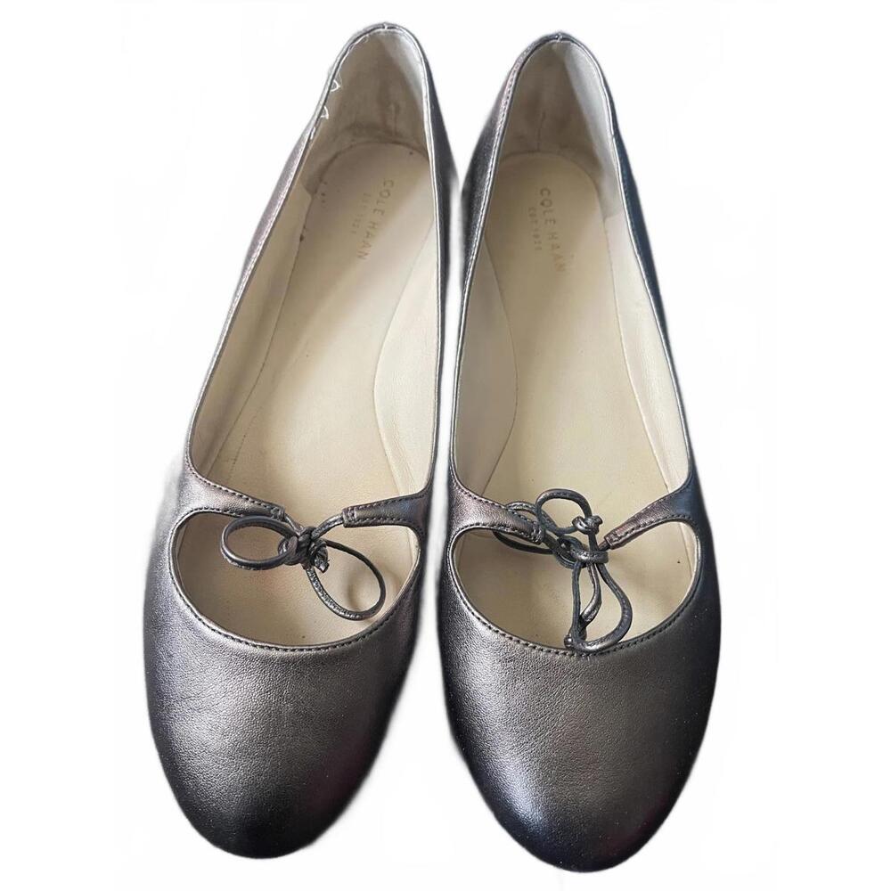 Cole Haan Metallic Pewter Leather Ballet Flats with Bow - Picture 2 of 4